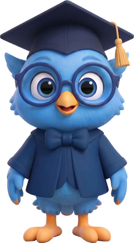 OWI in a graduation cap and round glasses